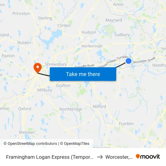 Framingham Logan Express (Temporary Stop) to Worcester, MA map