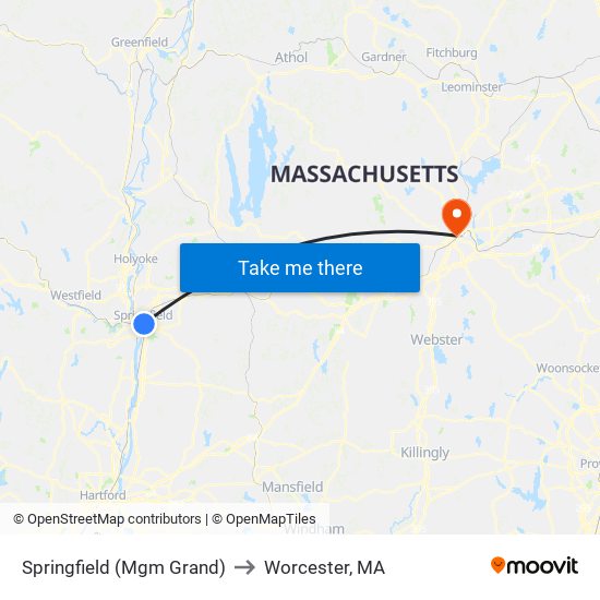 Springfield (Mgm Grand) to Worcester, MA map