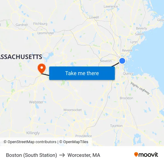 Boston (South Station) to Worcester, MA map