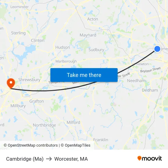 Cambridge (Ma) to Worcester, MA map