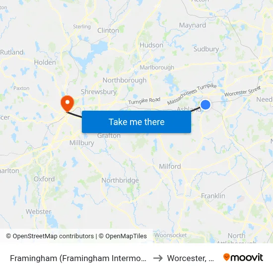 Framingham (Framingham Intermodal) to Worcester, MA map