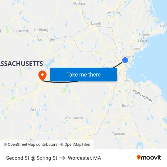 Second St @ Spring St to Worcester, MA map