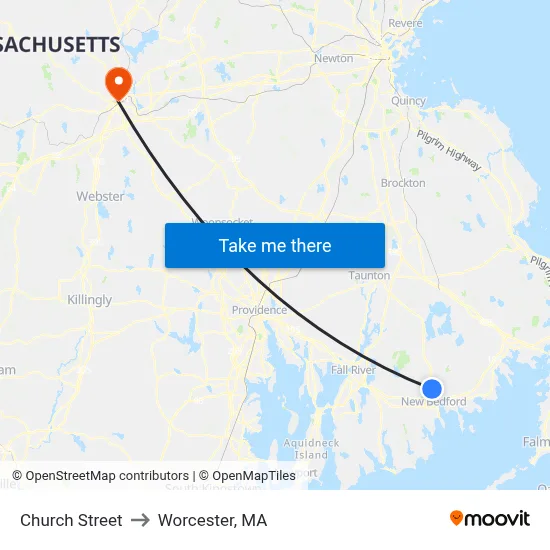 Church Street to Worcester, MA map