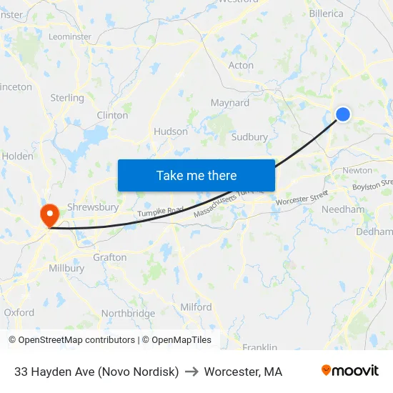 33 Hayden Ave (Novo Nordisk) to Worcester, MA map