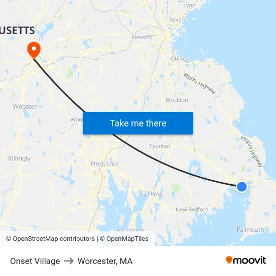 Onset Village to Worcester, MA map