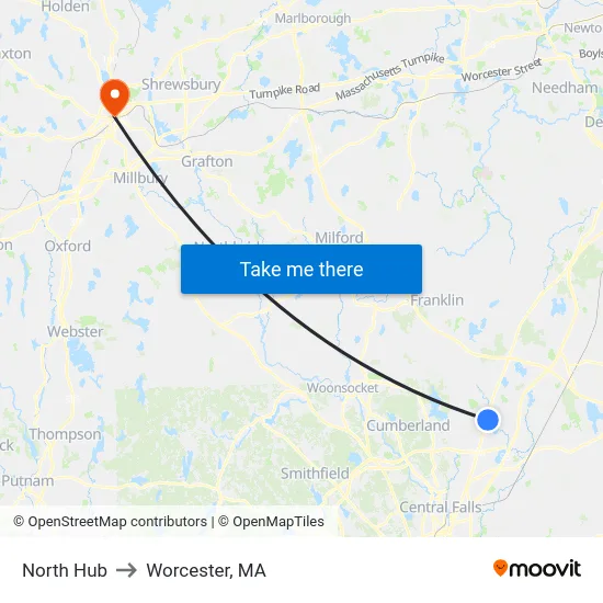 North Hub to Worcester, MA map