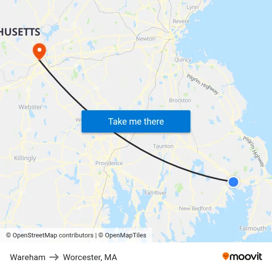 Wareham to Worcester, MA map