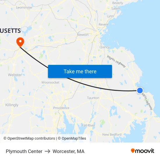 Plymouth Center to Worcester, MA map