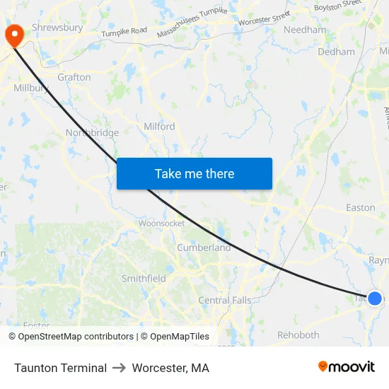 Taunton Terminal to Worcester, MA map