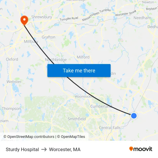 Sturdy Hospital to Worcester, MA map