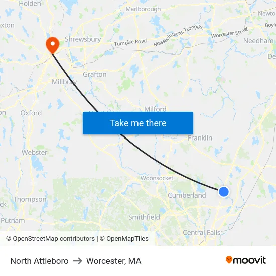 North Attleboro to Worcester, MA map