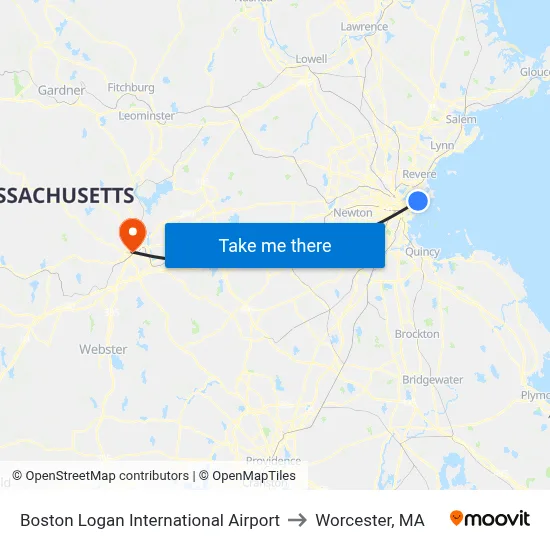 Boston Logan International Airport to Worcester, MA map
