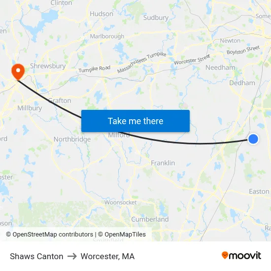 Shaws Canton to Worcester, MA map