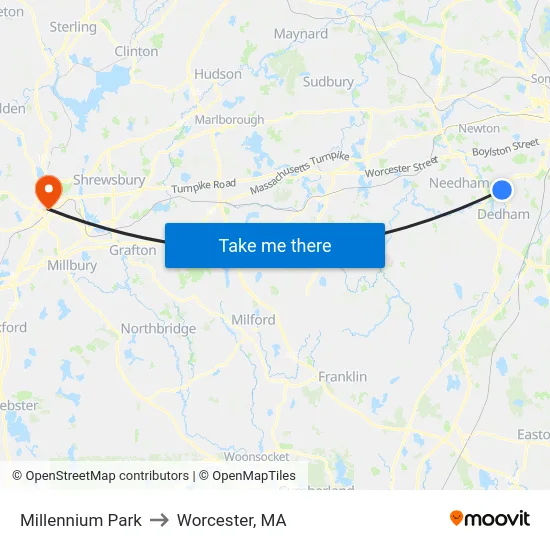 Millennium Park to Worcester, MA map