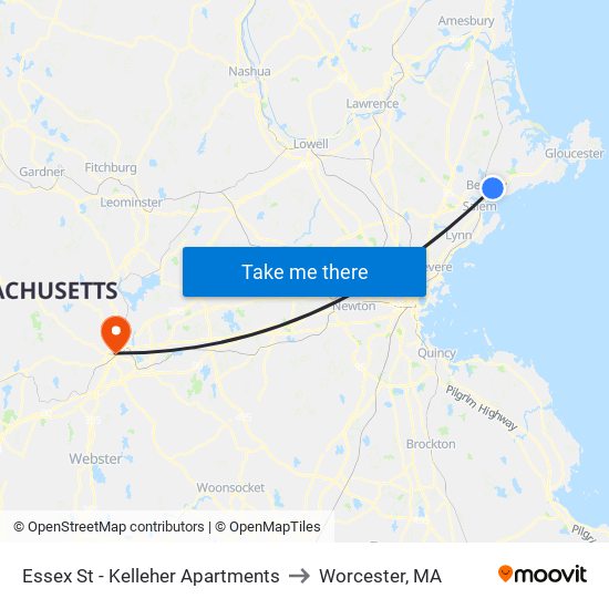 Essex St - Kelleher Apartments to Worcester, MA map