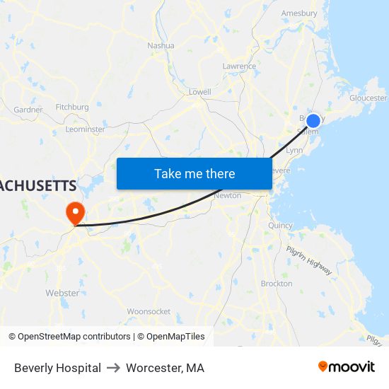 Beverly Hospital to Worcester, MA map