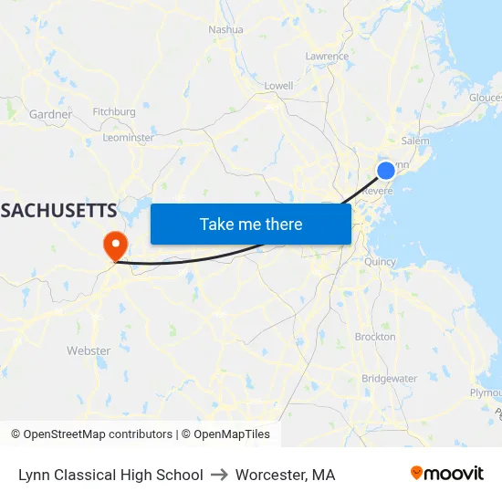 Lynn Classical High School to Worcester, MA map