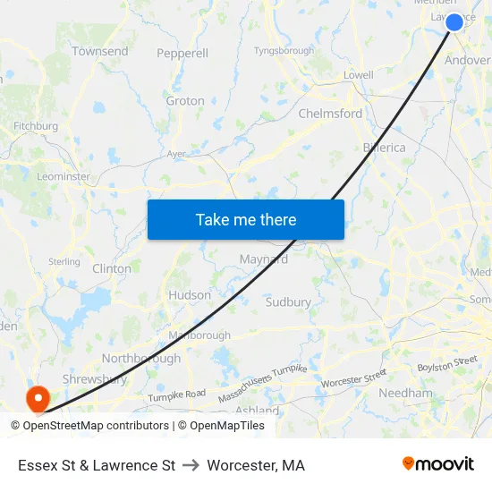 Essex St & Lawrence St to Worcester, MA map