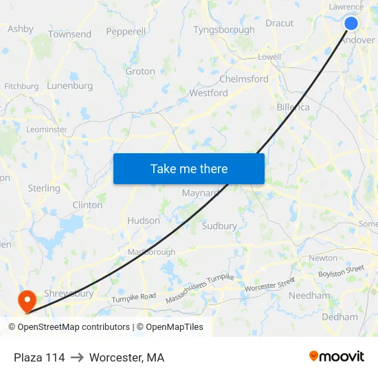 Plaza 114 to Worcester, MA map