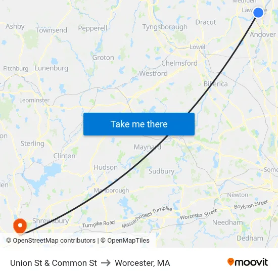 Union St & Common St to Worcester, MA map