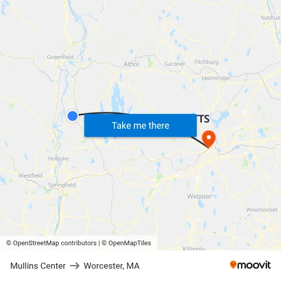Mullins Center to Worcester, MA map
