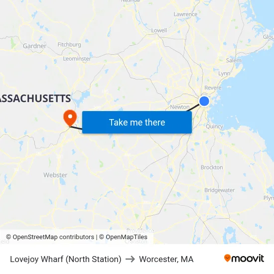 Lovejoy Wharf (North Station) to Worcester, MA map