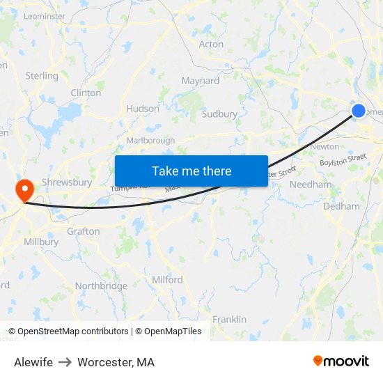 Alewife to Worcester, MA map