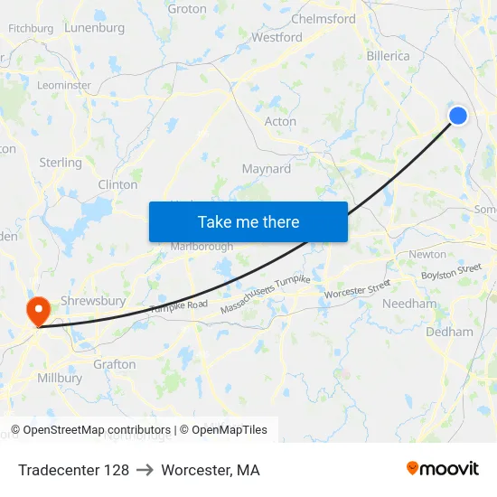Tradecenter 128 to Worcester, MA map