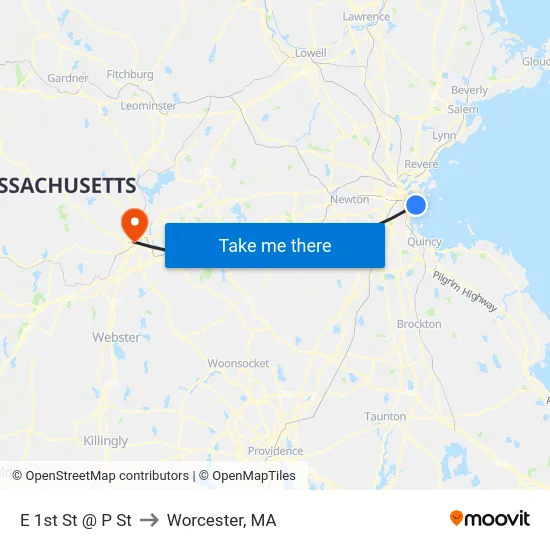 E 1st St @ P St to Worcester, MA map