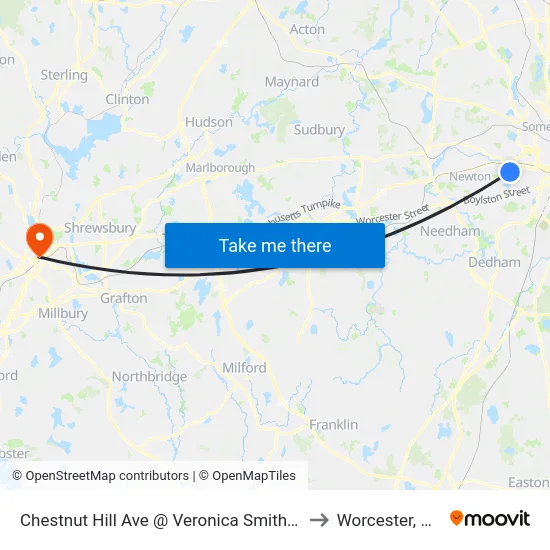 Chestnut Hill Ave @ Veronica Smith Ctr to Worcester, MA map