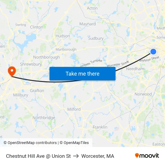 Chestnut Hill Ave @ Union St to Worcester, MA map