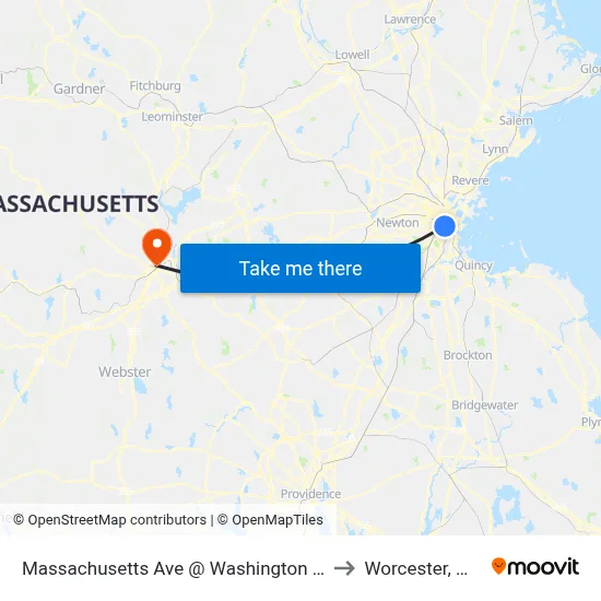 Massachusetts Ave @ Washington St to Worcester, MA map