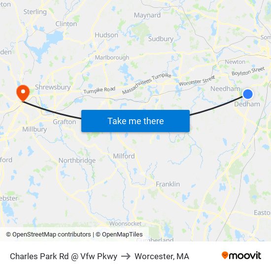 Charles Park Rd @ Vfw Pkwy to Worcester, MA map