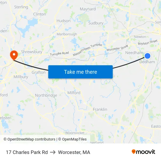 17 Charles Park Rd to Worcester, MA map