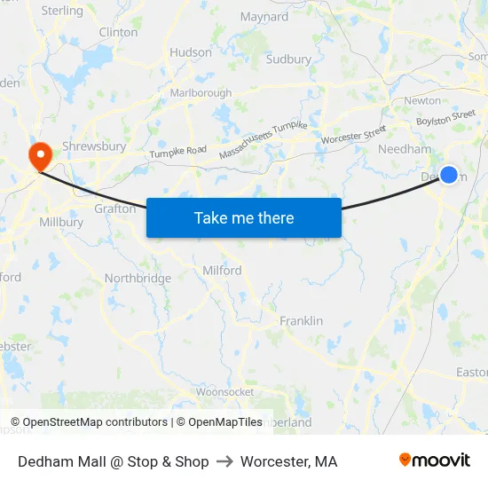 Dedham Mall @ Stop & Shop to Worcester, MA map
