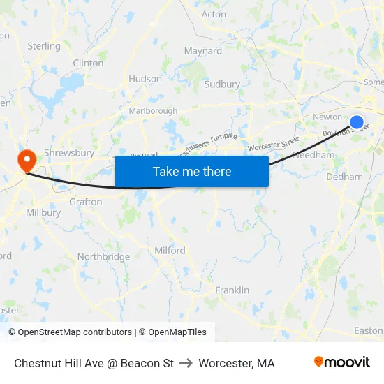 Chestnut Hill Ave @ Beacon St to Worcester, MA map