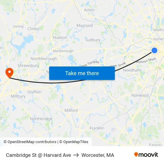 Cambridge St @ Harvard Ave to Worcester, MA map