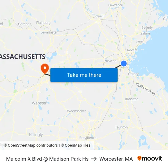 Malcolm X Blvd @ Madison Park Hs to Worcester, MA map