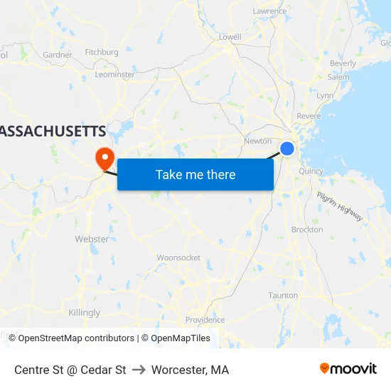 Centre St @ Cedar St to Worcester, MA map