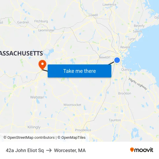 42a John Eliot Sq to Worcester, MA map