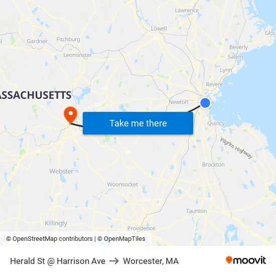 Herald St @ Harrison Ave to Worcester, MA map