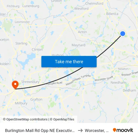 Burlington Mall Rd Opp NE Executive Pk to Worcester, MA map