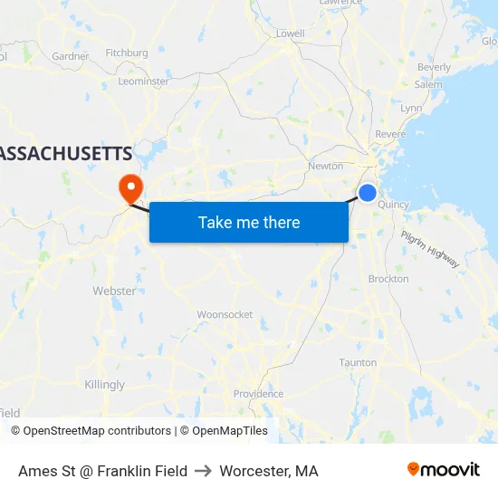 Ames St @ Franklin Field to Worcester, MA map