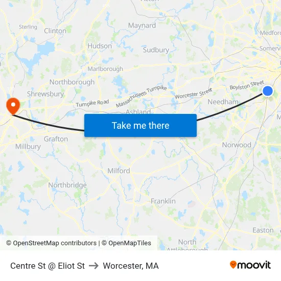 Centre St @ Eliot St to Worcester, MA map