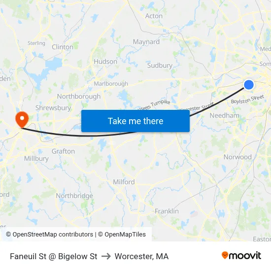 Faneuil St @ Bigelow St to Worcester, MA map