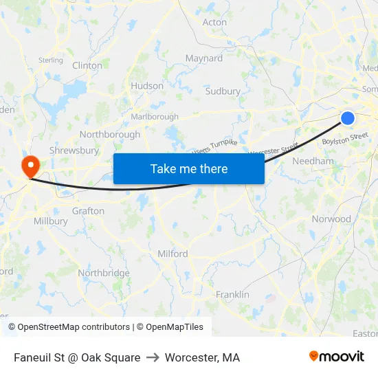 Faneuil St @ Oak Square to Worcester, MA map