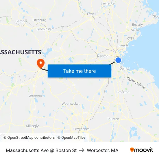 Massachusetts Ave @ Boston St to Worcester, MA map