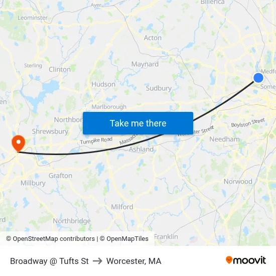 Broadway @ Tufts St to Worcester, MA map