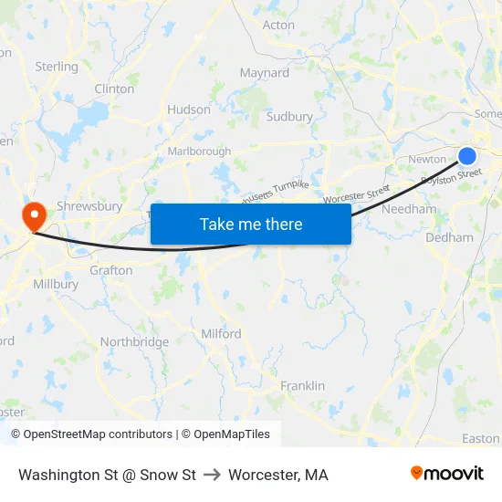 Washington St @ Snow St to Worcester, MA map
