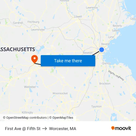 First Ave @ Fifth St to Worcester, MA map